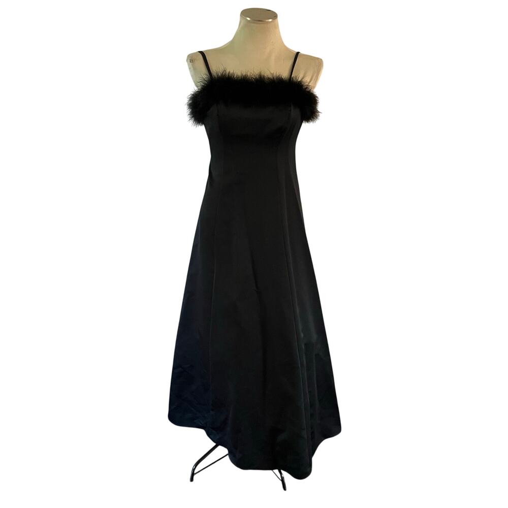 Vtg Y2K 2000s Black Feather Trim Gown Formal Prom See Measurements for Sizing